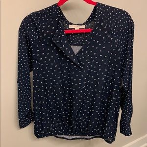 LOFT navy with white polka dot polyester blouse